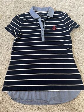 Tommy Hilfiger Navy & White Striped Polo with Stitched Anchor Detail